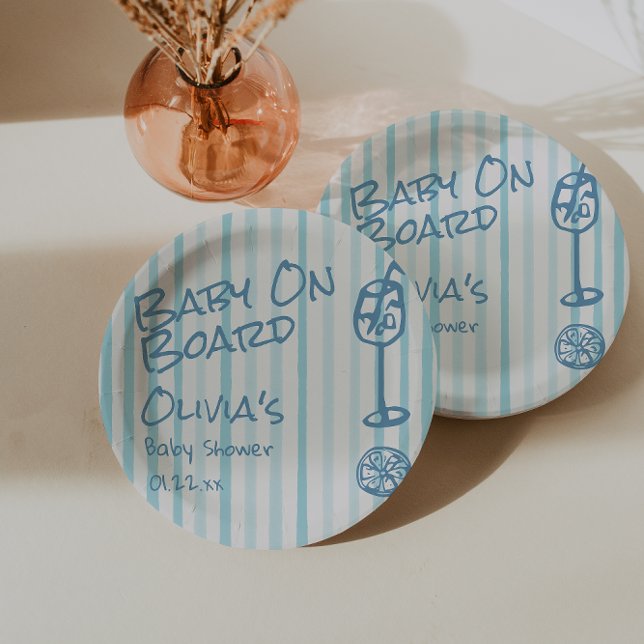Summer Hand Drawn Blue Baby On Board Baby Shower Paper Plates (Creator Uploaded)