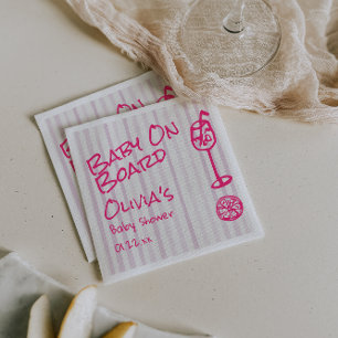 Summer Hand Drawn Pink Baby On Board Baby Shower Napkins
