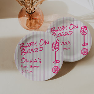 Summer Hand Drawn Pink Baby On Board Baby Shower Paper Plates