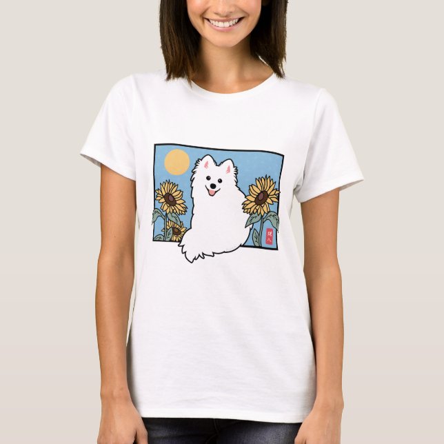 Summer Happy Spitz Dog sitting with Sunflowers T-Shirt (Front)