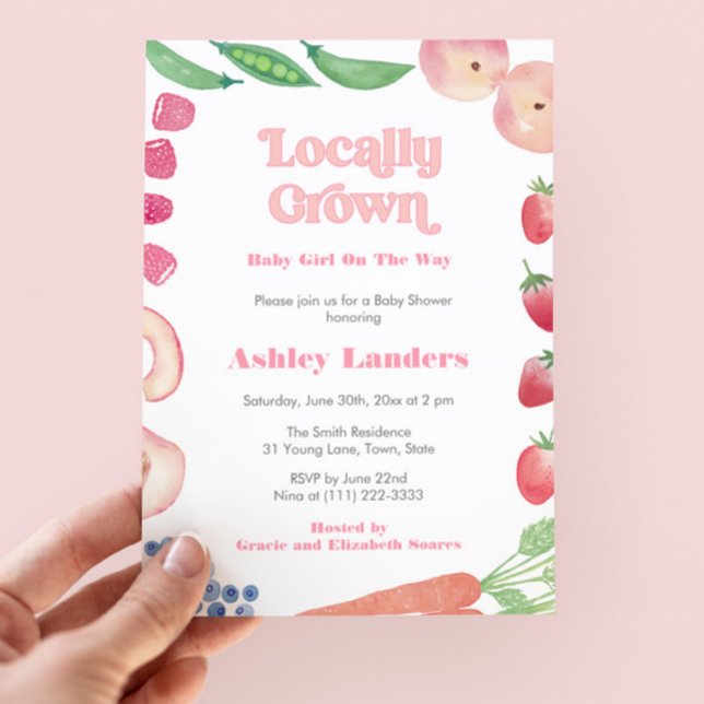 Summer Harvest Farmers Market Girl Baby Shower Invitation (Pretty pink Farmers Market theme baby shower for girl. All watercolor elements painted by hand by me)