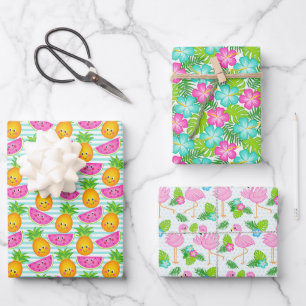 Summer Hawaiian Tropical Hibiscus, Fruit & Birds Wrapping Paper Sheets