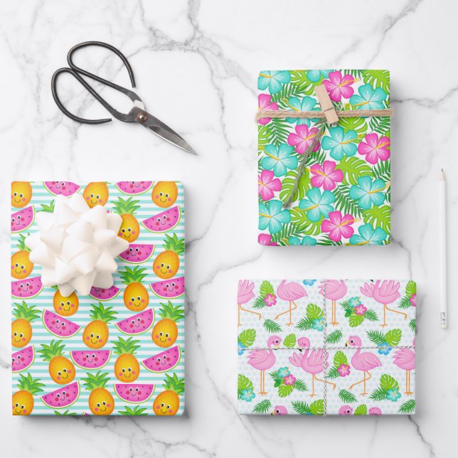 Summer Hawaiian Tropical Hibiscus, Fruit & Birds Wrapping Paper Sheets (Front)