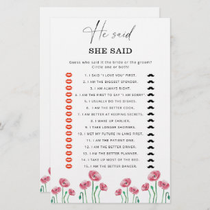 Summer He said she said bridal shower game