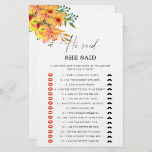 Summer He said she said bridal shower game