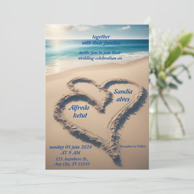 summer hearts beach ocean blue wedding  invitation (Standing Front)