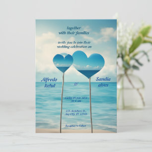 summer hearts beach ocean blue wedding invitation