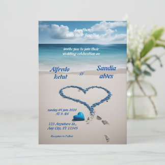 summer hearts beach ocean blue wedding  invitation