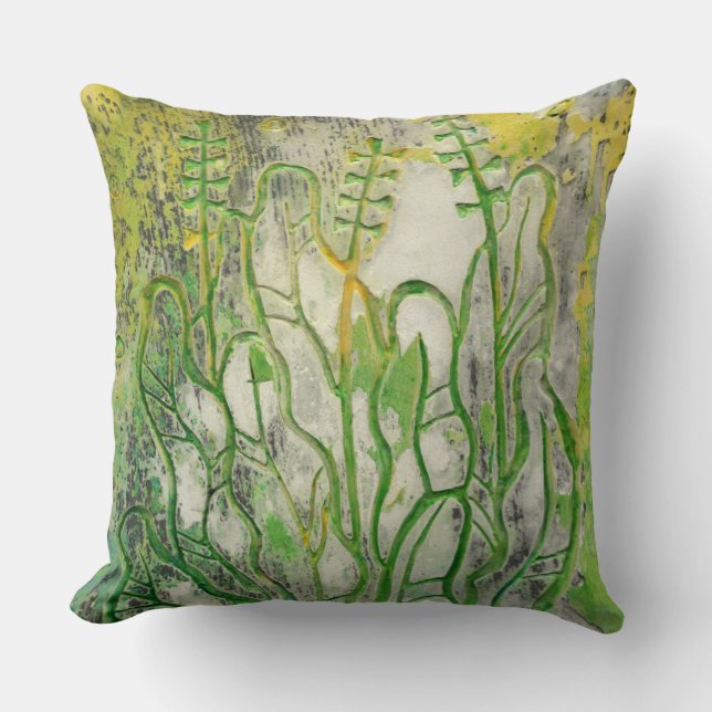 Summer herbs, wildflowers, floral art green yellow throw pillow (Front)