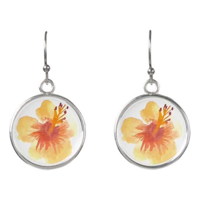 Summer Hibiscus Hand Watercolor Orange Floral Earrings (Front)