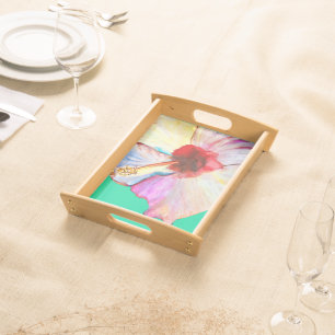 Summer hibiscus watercolor art serving tray