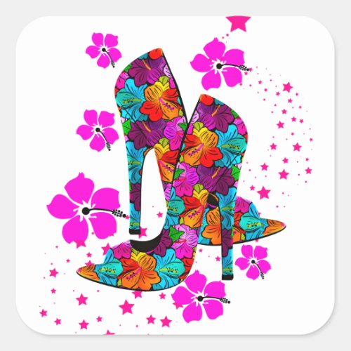 Summer High Heel Shoes Hot Pink Flowers Square Sticker