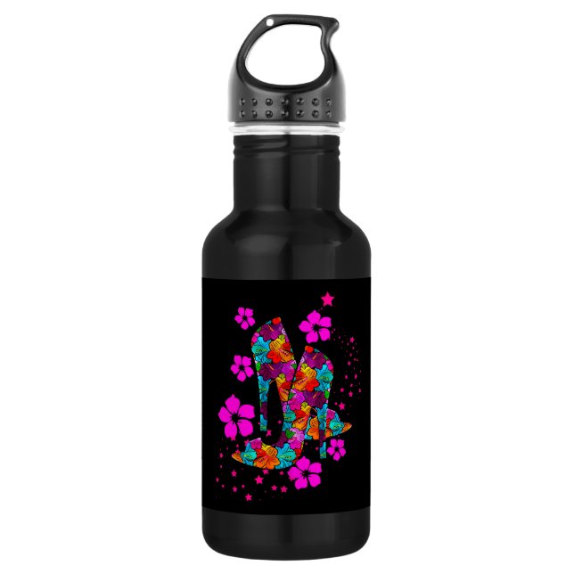 Summer High Heel Shoes Hot Pink Flowers Stainless Steel Water Bottle (Front)
