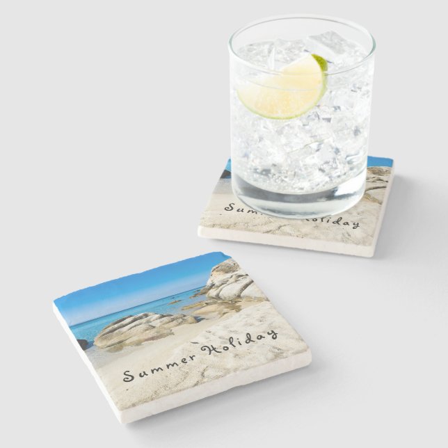 Summer Holiday Beautiful beach photo with text Stone Coaster (Side)