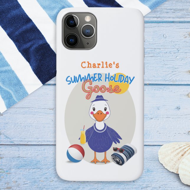 Summer Holiday Goose Fun Retro Personalized Case-Mate iPhone Case (A personalized phone case picturing a cute goose ready for its vacation, in a colorful cartoon style)