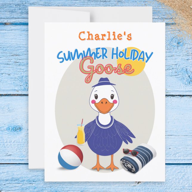 Summer Holiday Silly Goose Cute Cartoon Retro Postcard (A colorful postcard in retro style, featuring a 'Summer Holiday Goose' ready for its beach vacation)