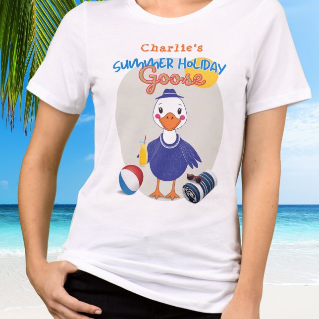 Summer Holiday Silly Goose Cute Cartoon T-Shirt (A personalized t-shirt with silly goose beach vacation picture and 'Summer Holiday Goose' words)