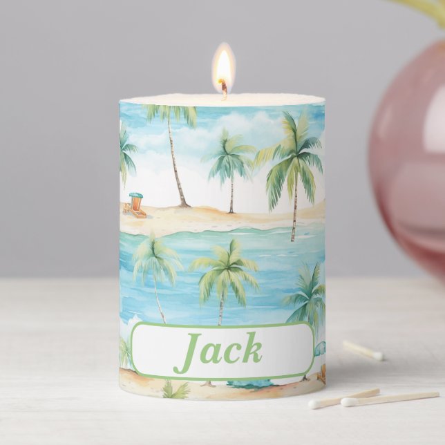  Summer Holidays Beach Palm Trees  - Customized Pillar Candle (In Situ)