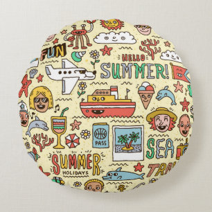 Summer Holidays Travel Doodle Set Round Pillow