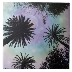 Summer Holographic Gradient Palm Trees Design Ceramic Tile