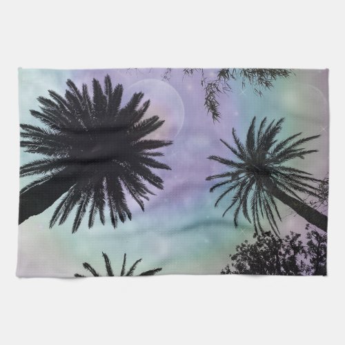 Summer Holographic Gradient Palm Trees Design Kitchen Towel