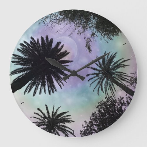 Summer Holographic Gradient Palm Trees Design Large Clock