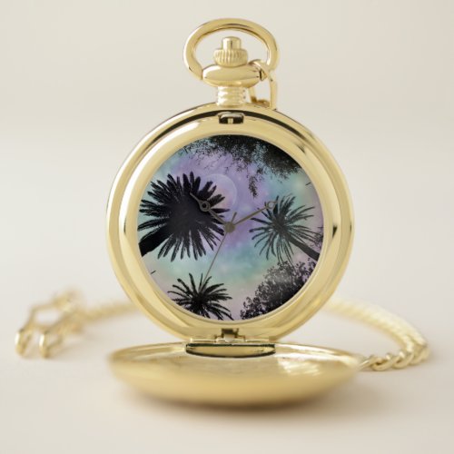 Summer Holographic Gradient Palm Trees Design Pocket Watch