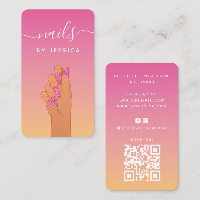 Summer Hot Pink Glam Nail Artist QR Code Feminine  Business Card (Front/Back)