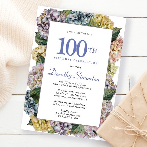 Summer Hydrangea 100th Birthday Party Invitation