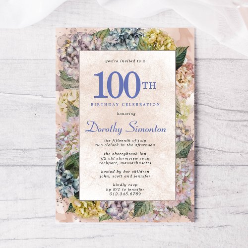 Summer Hydrangea 100th Birthday Party Invitation