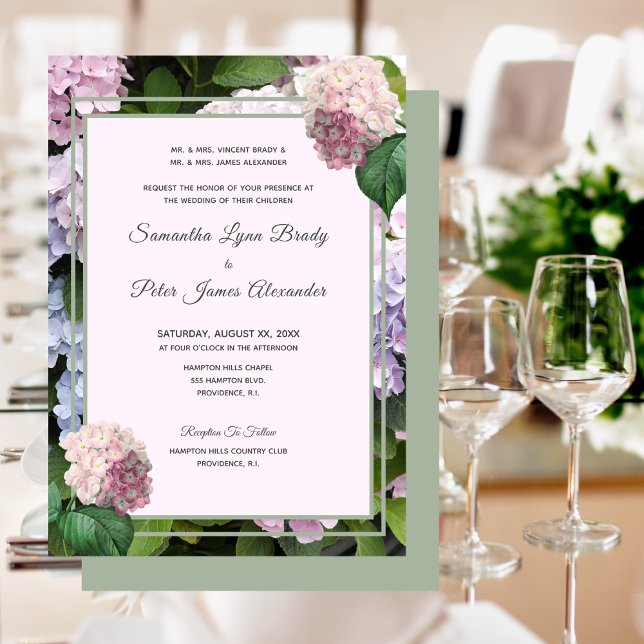 Summer Hydrangea Blossoms, Pink, Green, Wedding Invitation (Creator Uploaded)
