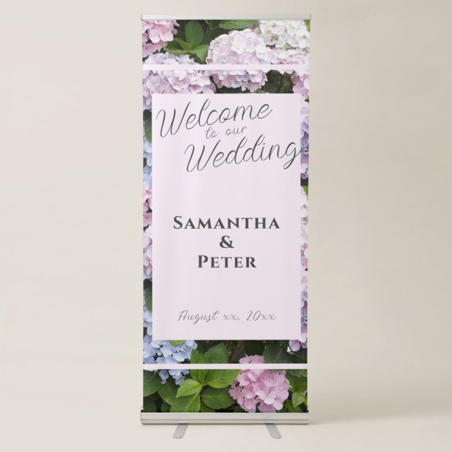 Summer Hydrangea Blossoms Wedding Reception Retractable Banner (Front)