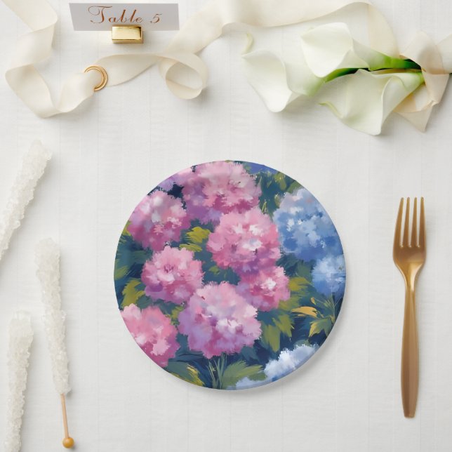 Summer Hydrangeas | Pink & Blue Coastal Flowers Paper Plates (Wedding)