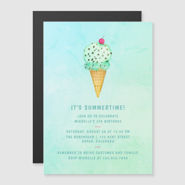 Summer Ice Cream Birthday Party Magnetic Invitation (Front/Back)