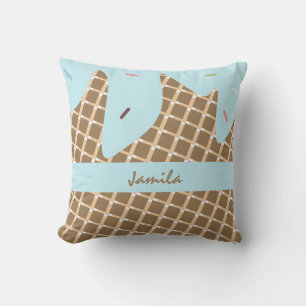 Summer Ice Cream Dripping Cone Sprinkles Blue Throw Pillow