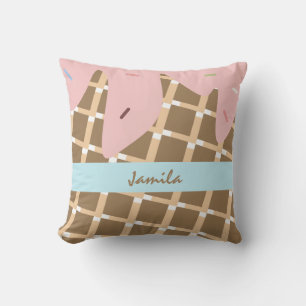 Summer Ice Cream Dripping Cone Sprinkles Pink Name Throw Pillow