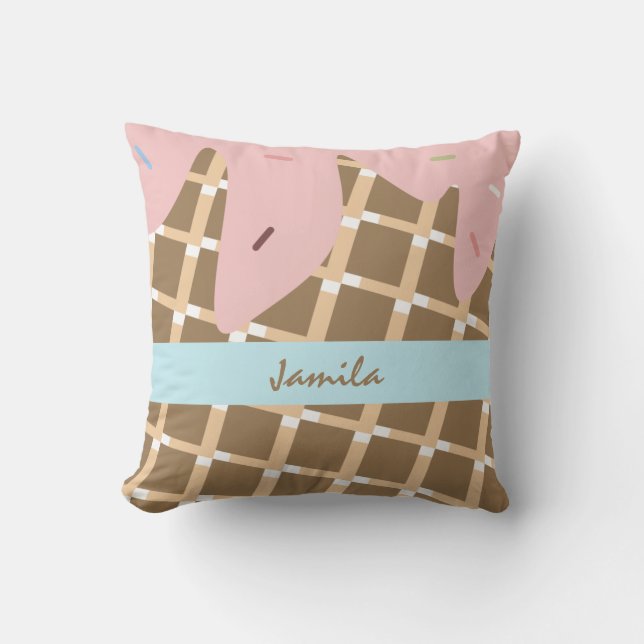 Summer Ice Cream Dripping Cone Sprinkles Pink Name Throw Pillow (Front)
