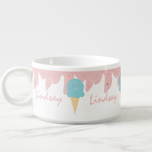 Summer Ice Cream Dripping Pattern Pink Name Bowl (Right)