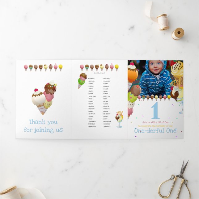 Summer ice cream fun photo party games Tri-Fold invitation (Outside)