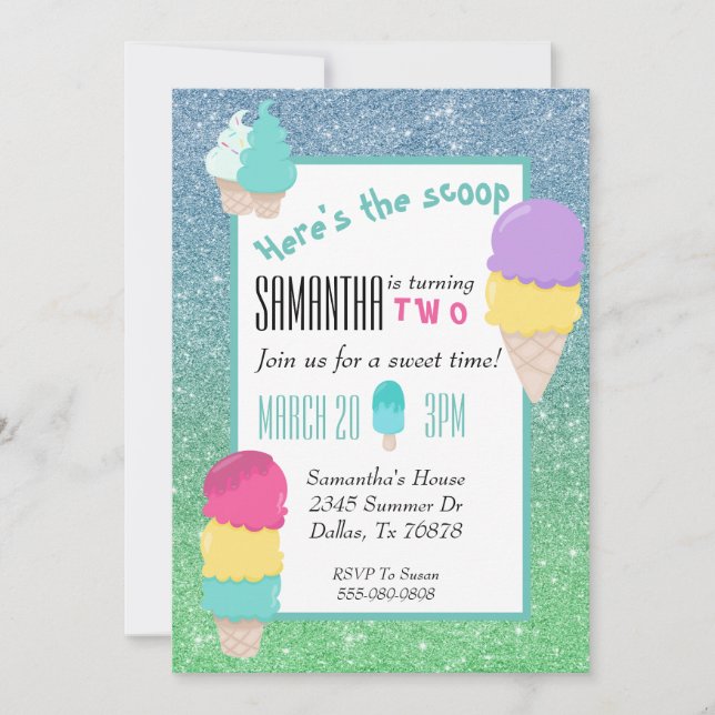 Summer Ice Cream Glitter Here's the Scoop Birthday Invitation (Front)