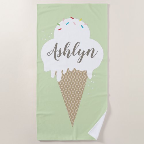 Summer Ice Cream Green Personalized Beach Towel