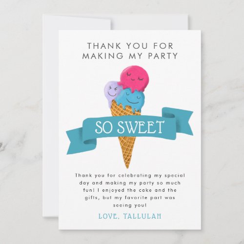 Summer Ice Cream Kids Birthday Party Thank You Card