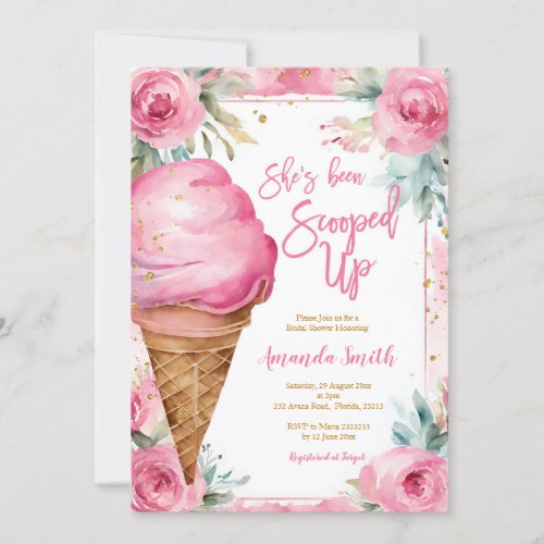 Summer Ice Cream Pink Flowers Bridal Shower Invitation