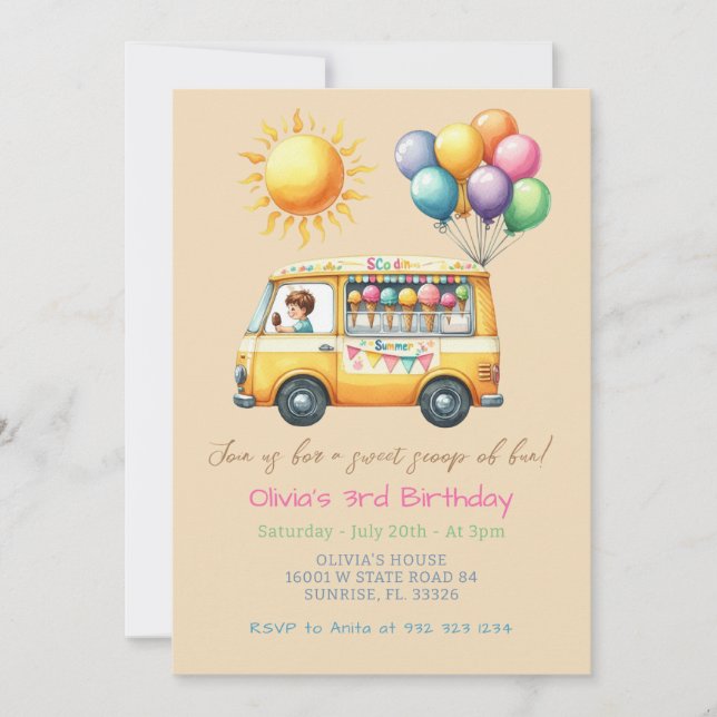 Summer Ice Cream Truck Birthday Invitation (Front)