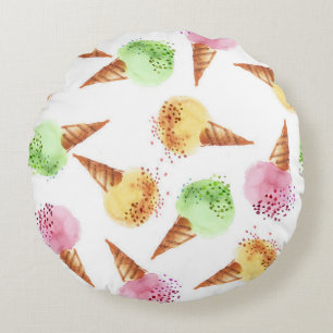 Summer Ice Cream Watercolor Pattern. Round Pillow