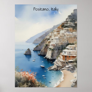Summer in Positano Italy Watercolor Illustration Poster
