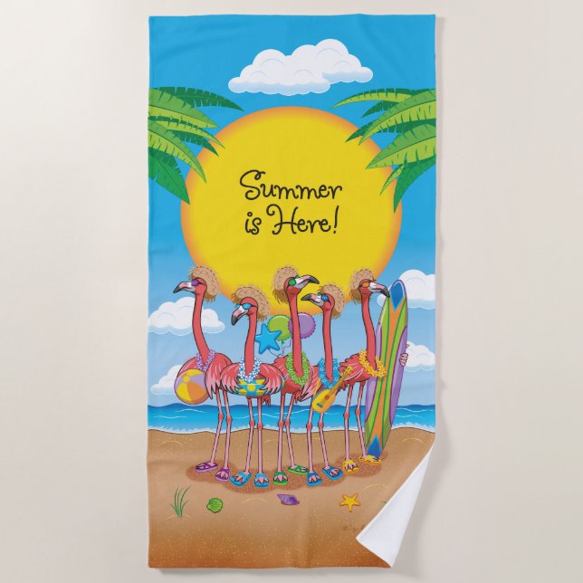 Summer Is Here Flamingos Beach Towel (Front)