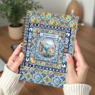 Summer Italian Blue Floral Tile Citrus Monogram Notebook