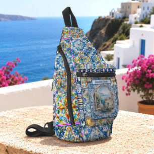 Summer Italian Blue Floral Tile Citrus Monogram Sling Bag