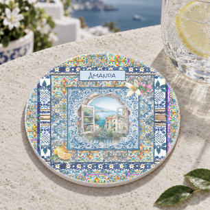 summer italian floral blue tiles citrus monogram coaster